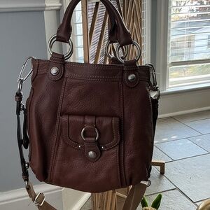 b. makowsky Chocolate Brown Leather Crossbody Bag with Silver Hardware